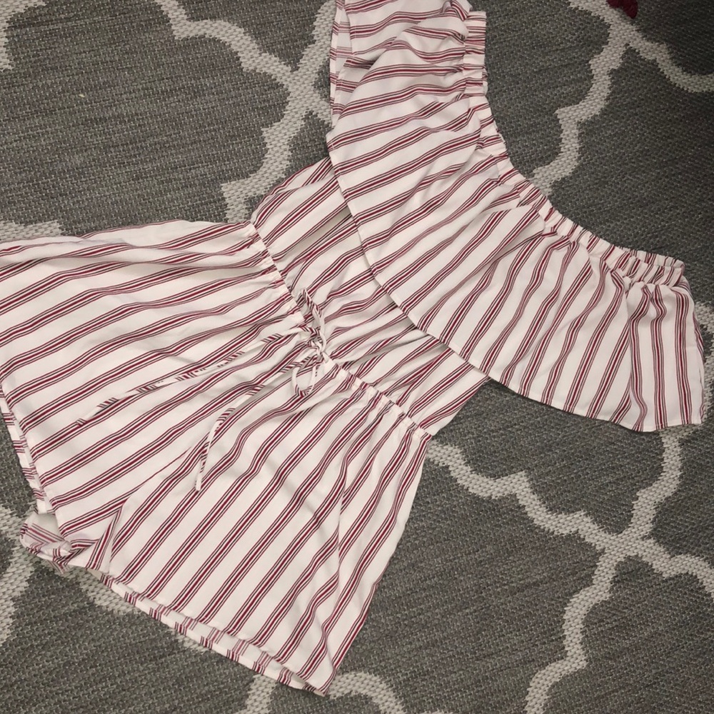 Ruffle off the shoulder stripped romper